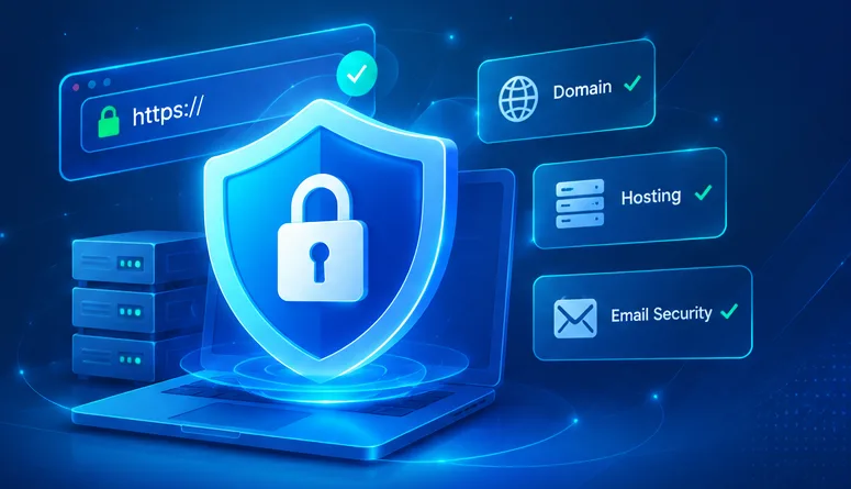 Ilustrasi keamanan website SSLKita dengan shield, HTTPS, server, domain, hosting, dan email security.